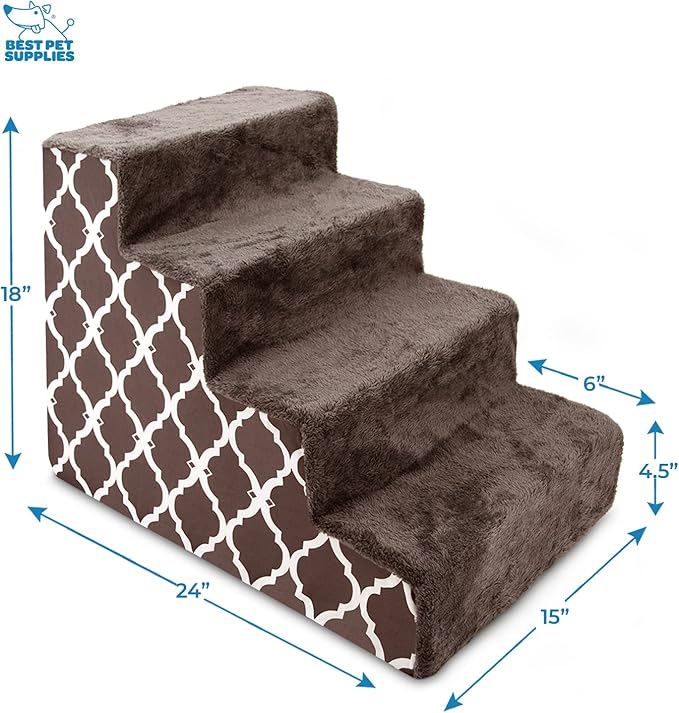 Best Pet Supplies Dog Stairs & Steps - Foam Steps for Small Dogs & Cats, Non-Slip Indoor Balanced Pet Step Support, Dog Ramp, No Assembly, Brown Lattice Print, 4-Step (18-inch Height)