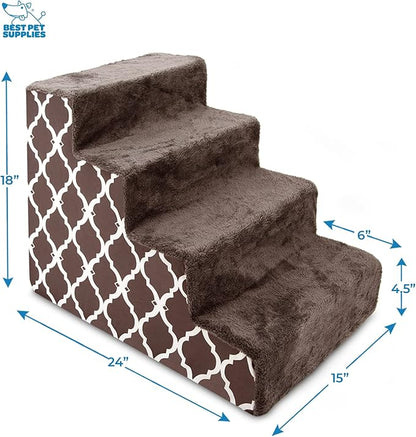 Best Pet Supplies Dog Stairs & Steps - Foam Steps for Small Dogs & Cats, Non-Slip Indoor Balanced Pet Step Support, Dog Ramp, No Assembly, Brown Lattice Print, 4-Step (18-inch Height)