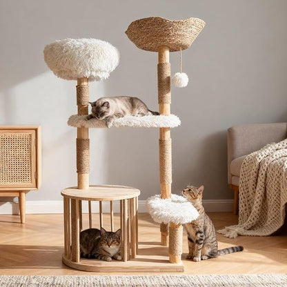 51" Modern Cat Tree Tower for Indoor Cats, Natural Solid Wooden Cat Tower with Sisal Scratching Post, Luxury Cat Furniture with Hand-Woven Natural Rattan Nest for Multi-Cat Households