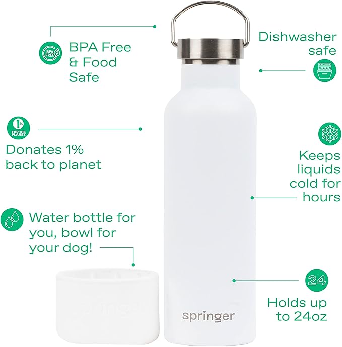 Springer Dog and Me Water Bottle, Stainless Steel Insluated Water Bottle, Keeps Water Cold for 12 Hours (White)