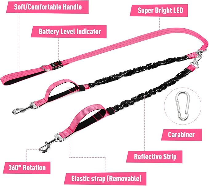 LED Double Dog Leash, 360° Swivel Dual Dog Walking Leash, Comfortable Shock Absorbing Lead for Dog, Reflective Removable Bungee for Two Dogs