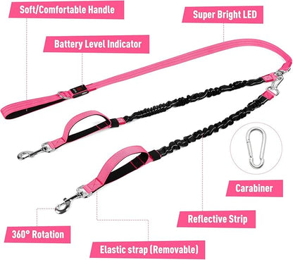 LED Double Dog Leash, 360° Swivel Dual Dog Walking Leash, Comfortable Shock Absorbing Lead for Dog, Reflective Removable Bungee for Two Dogs