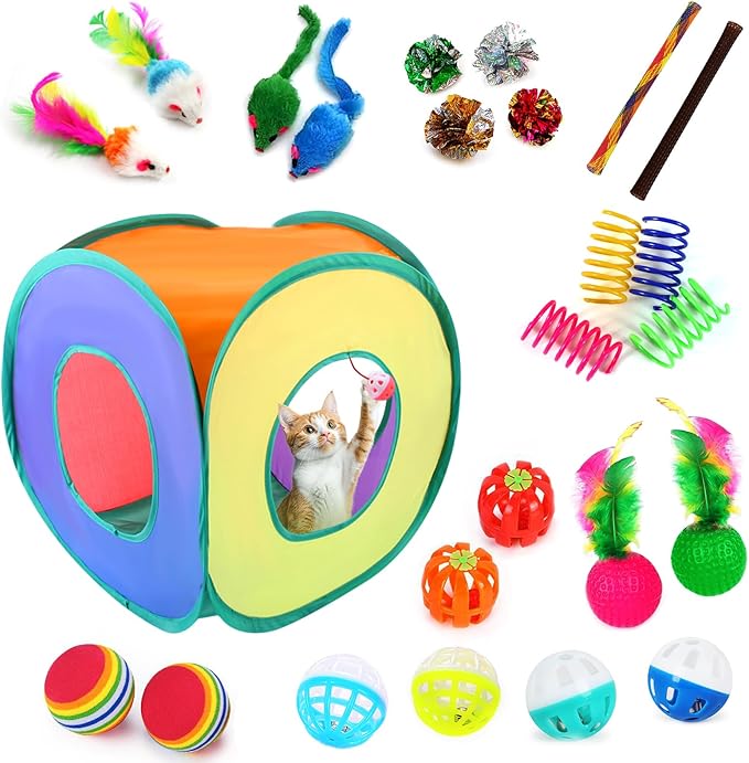 Cat Toys, 25-Pack Toy Pack for Indoor Kittens, Kitten Toys Bulk Set - Interactive Kitty Toys with Cube, Crinkle Balls, Feather Wand - Cat Tous
