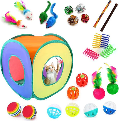Cat Toys, 25-Pack Toy Pack for Indoor Kittens, Kitten Toys Bulk Set - Interactive Kitty Toys with Cube, Crinkle Balls, Feather Wand - Cat Tous
