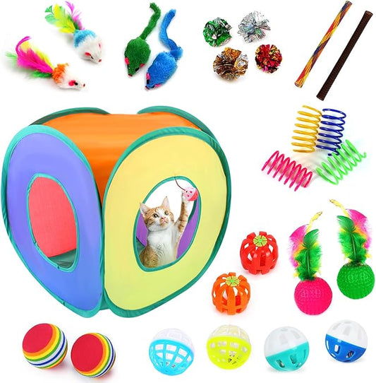 Cat Toys, 25-Pack Toy Pack for Indoor Kittens, Kitten Toys Bulk Set - Interactive Kitty Toys with Cube, Crinkle Balls, Feather Wand - Cat Tous