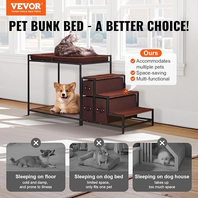 VEVOR Pet Bunk Bed with Stairs, Dog/Cat Window Perch with Storage, Multi-Level Bed Window Perch Dog Bedside Sleeper Couch, Pet Seat Platform for Medium Size Pet, Indoor Use (Dark Brown)