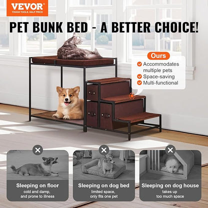 VEVOR Pet Bunk Bed with Stairs, Dog/Cat Window Perch with Storage, Multi-Level Bed Window Perch Dog Bedside Sleeper Couch, Pet Seat Platform for Medium Size Pet, Indoor Use (Dark Brown)
