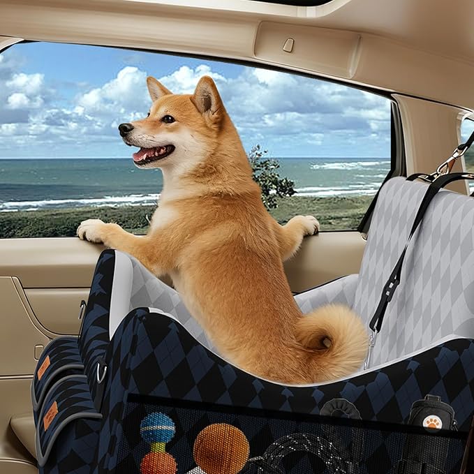 Dog Car Seat for Small/Medium Dogs up to 35lbs, 4-Pocket Storage Memory Foam Dog Booster Seat, Detachable Washable Pet Car Seat with Safety Belt, Outdoor & Indoor Use (Dark Blue/Black)