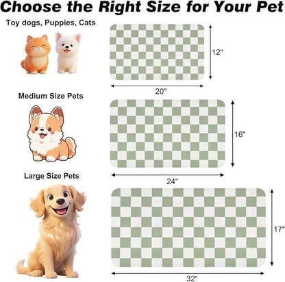 Checkered Dog Food Mat, Absorbent Leak-Proof Pet Feeding Mat, Quick Dry Cat Food Mat for Messy Drinkers 12" x 20" Green