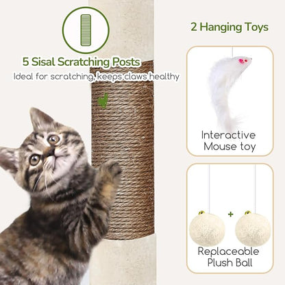 Globlazer Cat Tree Condo Tower for Multiple Indoor Cats, 52in Multi-Level Cat Scratching Tree with Cat Condos, 5 Sisal Scratching Posts, 2 Padded Perches, Big Haging Basket, Widened Base, S52, Beige