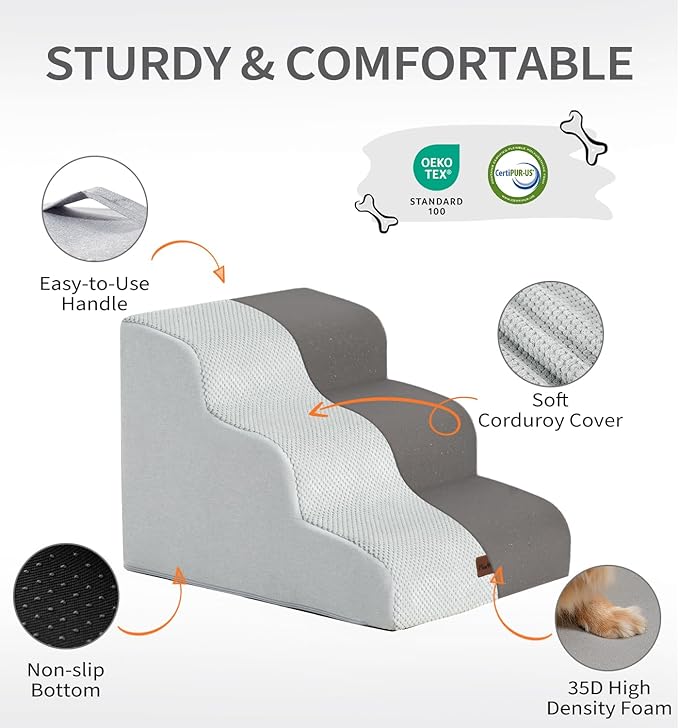 Made4Pets Dog Stairs Ramp for High Bed 22.8" H, 5-Step Pet Stairs for Bed Couch Sofa Climbing, 35D Foam Pet Steps for Small Dogs and Cats, Non-Slip Bottom Dog Steps, Light Grey