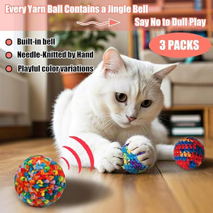 Cat Ball with Bell 3 Jingle Bell Ball & 3 Soft Pom Pom Balls Interactive Kitten Toys for Hunting Kicking, Handmade Small 1.8” & Large 2.1” for Cats Kittens 6 Pack