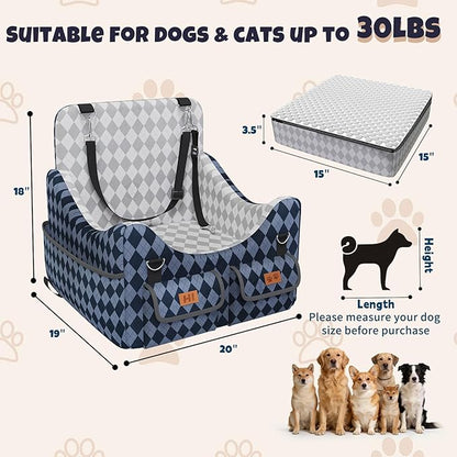 Dog Car Seat for Small/Medium Dogs up to 35lbs, 4-Pocket Storage Memory Foam Dog Booster Seat, Detachable Washable Pet Car Seat with Safety Belt, Outdoor & Indoor Use (Blue/Grey)