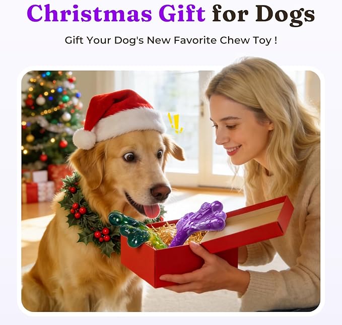 Indestructible Tough Dog Toys for Aggressive Chewers - 2 Pack Beef and Bacon Flavored Chew Bone for Large Dogs 20-90 lbs, Long Lasting & Keep Them Busy (XL Cactus) Dark Purple & Dark Green