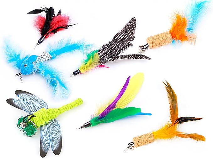 ZoyPet 2 Pcs Cat Toys Interactive Refill Replacement Feather Pack Furry Tail Butterfly Dragonfly Fish Mouse Caterpillar Worm Birds Feathers for Kitten Cats 21 Variety Styles CT15-16 Colorful Tail Fish