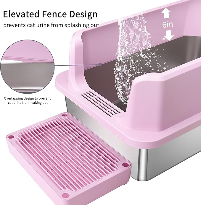 RIZZARI Open Cat Litter Box: Large Pink Stainless Steel Litter Pan with Teflon Non-Stick Coating - High Sided Splash-Proof Easy Clean Toilet for Cats up to 20 lbs - Ideal for Living Rooms - Apartments