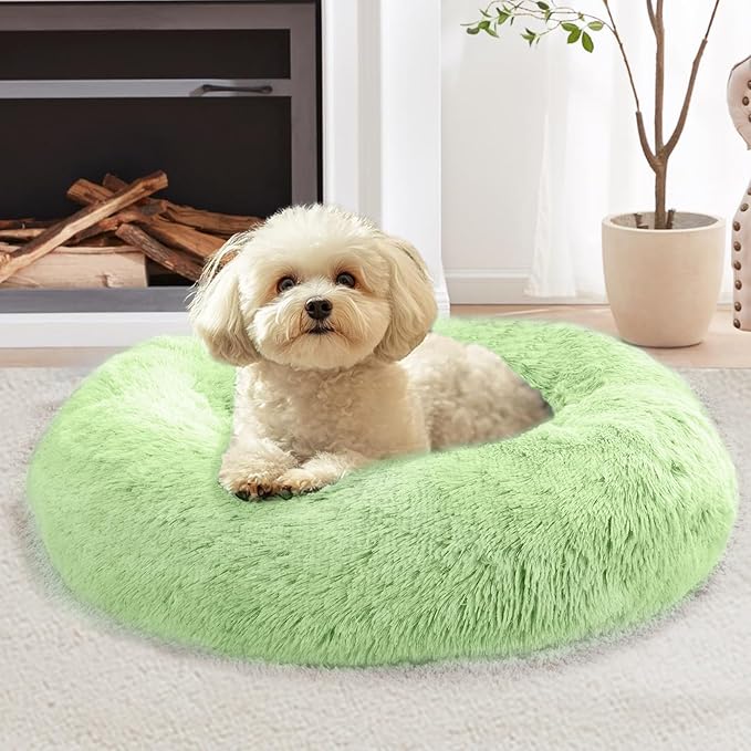 JOLLYVOGUE Calming Small Dog & Cat Bed for Indoor Cats - 20 inches Washable Donut Bed for Kittens & Puppies, Anti-Anxiety Round Fluffy Plush Pet Beds (Fits up to 15 lbs, Light Green)