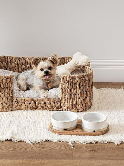 LE TAUCI PET Dog and Cat Bowl Set with Acacia Wood Tray - 2 Cup Ceramic Puppy Bowls for Cats &Small Dogs, Dual Food and Water Bowls with Weighted Non-Slip Base