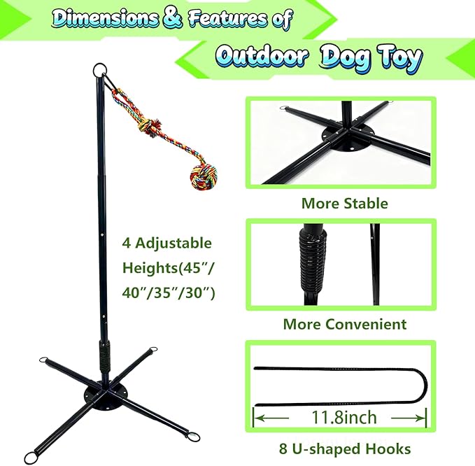 Tether Tug Outdoor Dog Toy, Interactive Exercise Game for Yard & Park with 3 Rope Toys for Tug of War, Pull Chase and Solo Play for Large Medium Small Dogs