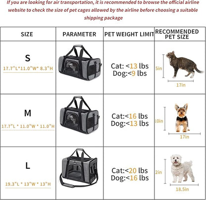 Pet Carrier for Medium Large Cats and Dogs, Dog Carrier Travel Bag with Adequate Ventilation, 5 Mesh Windows, 3 Entrance, Locking Safety Zippers, Padded Shoulder and Carrying Strap, Large