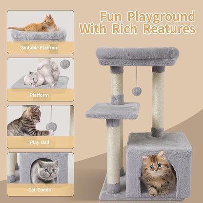 FISH&NAP Cute Cat Tree Kitten Cat Tower for Indoor Cat Condo Sisal Scratching Posts with Jump Platform Cat Furniture Activity Center Play House Grey