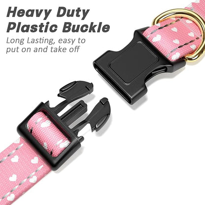Reflective Dog Collar for Medium Dogs, Cute Adjustable Heavy-Duty Nylon Puppy Collars for Boy and Girl Female, Soft Pet Accessories with Quick Release Buckle, Neck 14-20", Pink Hearts