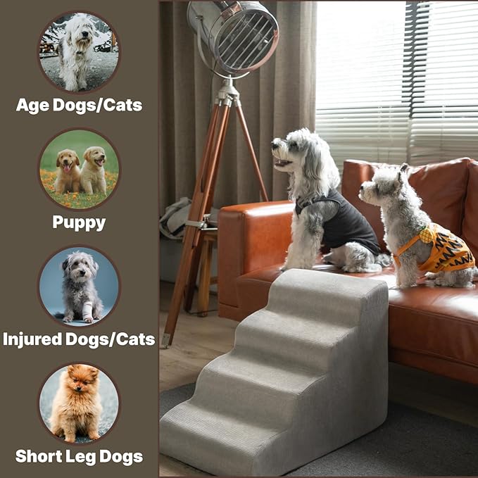 MEWANG Dog Stairs for Small & Medium Dogs and Old Cats –3/4/ 5 Steps High-Density Foam Pet Ramp for Bed & Couch, Non-Slip, Washable Cover, Grey (Round Corner, 4 Steps: 23.94''L×14.96''W×18.27''H)