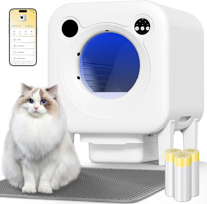 Automatic Litter Box, 4 in 1 Security-System Self Cleaning Litter Box Robot, 75L+12L Extra Large Space for Multiple Cats, APP Control, 1 Free Cat Litter-Mat, 3 Rolls Cats Waste Bag Liners