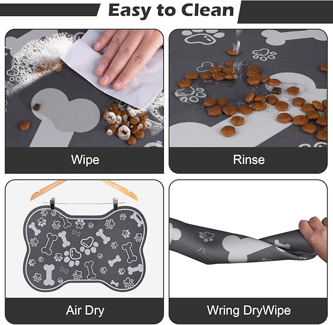 Dog Cat Food Mat,Rapid AbsorbentPet Feeding Mat, Bone Shaped Dog Placemat Water Bowl Mat with Rubber Backing,No Stains Dog Cat Food Mats Indoor, Pet Accessories Supplies 17""×29"" Dark Grey