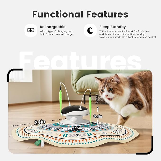 Gardner Pet Cat Toys Chargeable,5in1 Hide and Seek Automatic Interactive cat Toy, Chirping Moving Ambush Feather, Track Balls,Indoor Exercise Kicker 24 inch Cover for All Breeds,Boho Style - Beige
