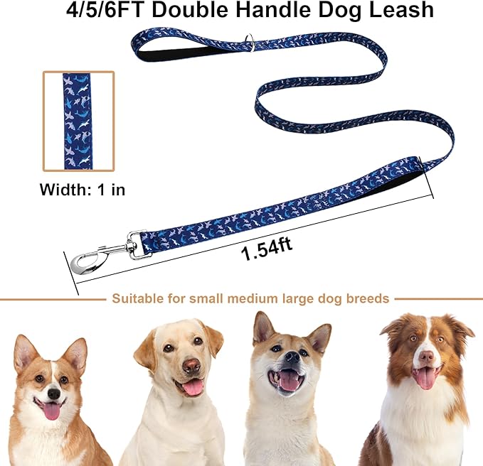 Double Handle Dog Leash 6 Foot with 2 Padded Handles, Heavy Duty Nylon Dog Leash with Traffic Control Handles,Walking Training Lead, Deep Blue Shark