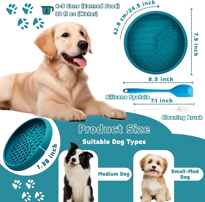 Dog Lick Bowl, Non-Slip Slow Feeder Dog Bowl, Silicone Licking Mat with Treat Dispenser, Entertainment Dog Puzzle Play, Feeder Bowl to Relieve Anxiety, Dishwasher Safe,with Brush & Spatula(Dark Teal)