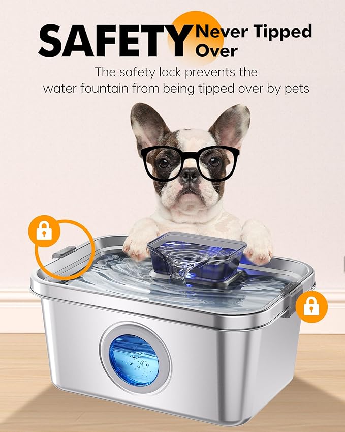 Dog Water Fountain, 2 Gallon 304 Stainless Steel Large Pet Water Fountain for Dogs & Cats, Ultra Quiet Indoor Pet Fountain, Safety Lock, 3 Replacement Filters Included, Smart Pump Protection