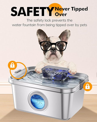 Dog Water Fountain, 2 Gallon 304 Stainless Steel Large Pet Water Fountain for Dogs & Cats, Ultra Quiet Indoor Pet Fountain, Safety Lock, 3 Replacement Filters Included, Smart Pump Protection