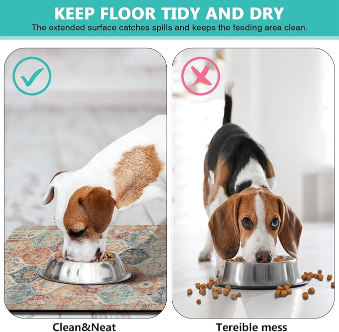 Moroccan Trellis Dog Food & Water Mat, Mexican Talavera Boho Colorful Pet Feeding Mat for Floor Non-Slip Waterproof, Super Absorbent Cat Bowl Mat, Easy to Clean Durable Pet Placemat,16" × 24"