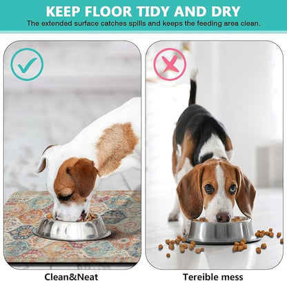 Moroccan Trellis Dog Food & Water Mat, Mexican Talavera Boho Colorful Pet Feeding Mat for Floor Non-Slip Waterproof, Super Absorbent Cat Bowl Mat, Easy to Clean Durable Pet Placemat,16" × 24"