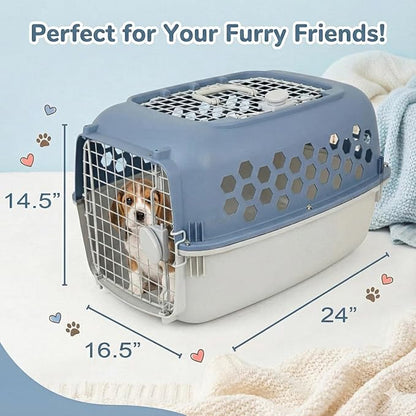 Portable Double Door Plastic Pet Carrier for Dogs & Cats - 24" Durable Ventilated Kennel with Top Loading, Airline Approved, Foldable Design for Travel & Vet Visits