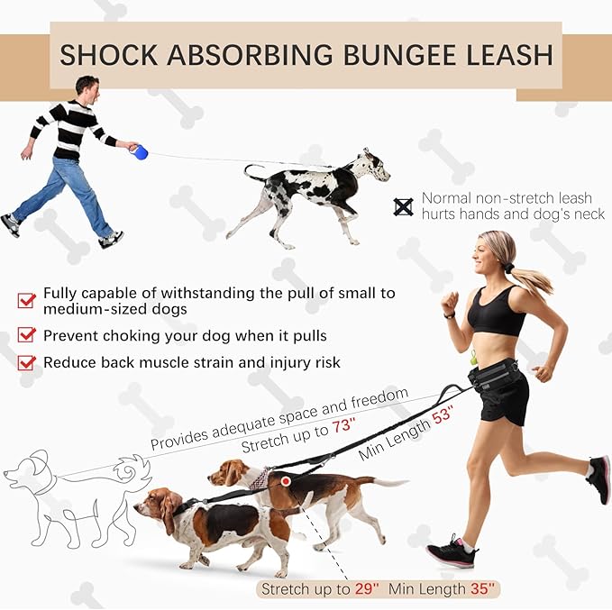 Dog Leash with Waist Belt, Reflective Stitching, Dual Handles, Elastic Retractable Design, Perfect for Running, Black, Suitable for Medium and Large Dogs