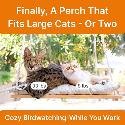 Large Cat Window Perch with Industrial-Grade Suction Cups – Solid Pine Wood Hammock Bed, Soft Cushion - 42 lb Capacity for Heavy Cats Inside