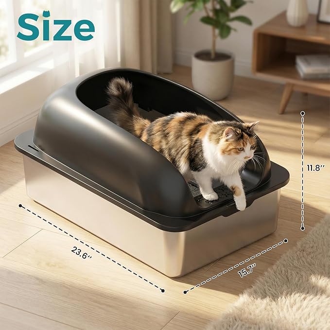OLIXIS Stainless Steel Cat Litter Box with Lid, Large Cat Litter Box for Big Cats, High Wall Sides, Anti-Urine Leakage, Easy Cleaning, Scoop and Mat Included, Black