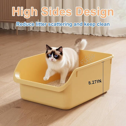 Cat Litter Box with High Sides Anti-Splashing for Indoor Cats Low Entry Kitty Litter Boxes (Yellow)