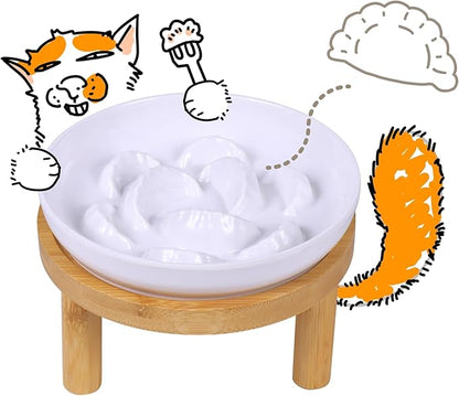 Slow Feeder Bowl, 6.3″ Elevated Cat Bowl with Stand, Melamine Wide Shallow Food Bowl, Whisker-Friendly Raised Plate, Wet Food Feeder for Slow Eating (White)