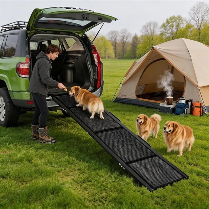 GarveeLife Dog Ramp for Car, 71''x 17'' Extra Long Folding Dog Ramp, Pet Ramp for Large Dogs with Non-Slip Rug Surface, Portable Pet Steps Up to 250LBS, Outdoor Dog Ramps for Car