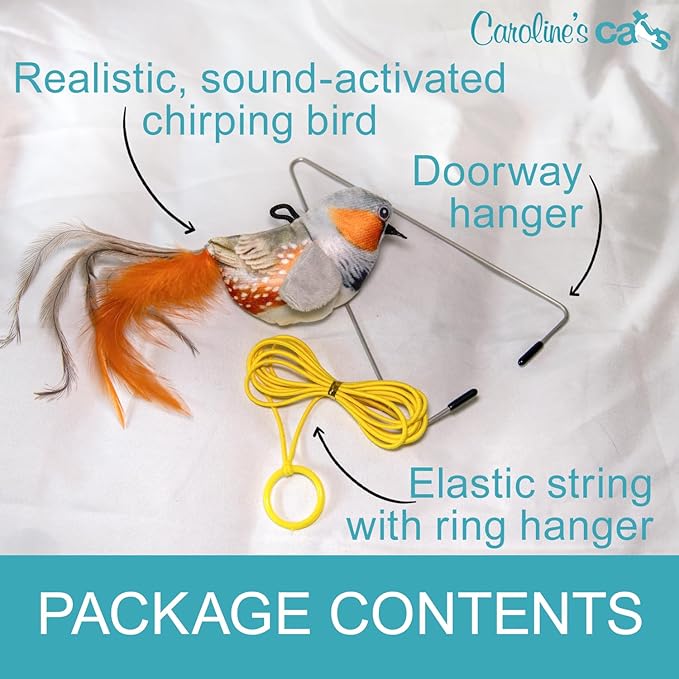 Caroline's Cats Plush Chirping Bird Cat Toy on Elastic String with Doorway Hanger - No Flimsy Suction Cups; Real Electronic Avian Sounds