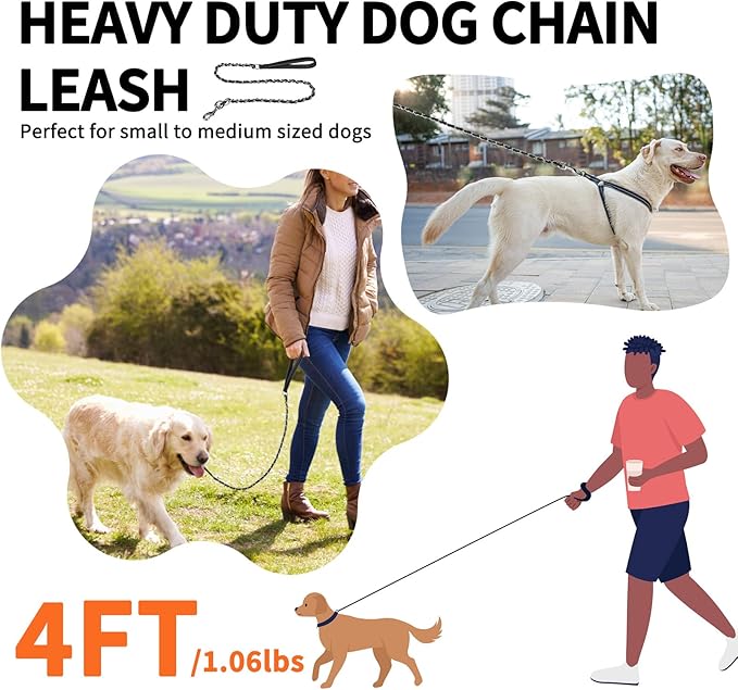 HOMIMP Heavy Duty Dog Leash - Chew Proof 4 FT, Reflective, Metal Training Leash with Soft Padded Handle, Strong Rope for Night Walking, Black