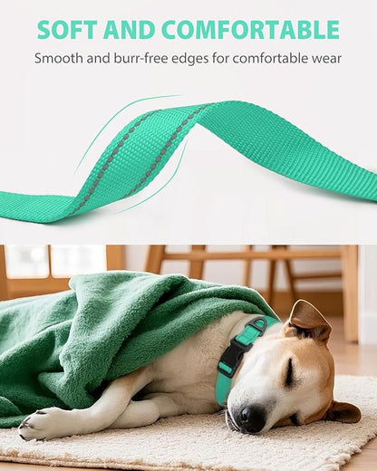 Joytale Dog Collars for Medium Dogs, Comfortable Double-Sided Reflective Nylon Collar for Night Safety, Adjustable Quick-Release for Active Pets, Teal, M (1" Width)