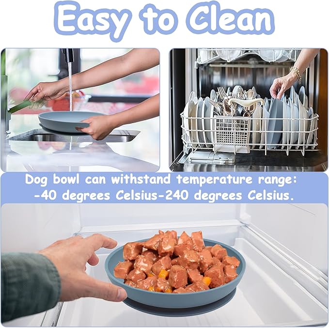 Silicone Dog Bowl Set of 2-7.7in No Spill Puppy Food and Water Dish Less Mess Cat Plates with Suction Cup Non-Tippable Feeding Bowls for Small & Medium-Sized Pets (Round Blue)