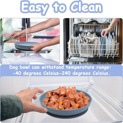 Silicone Dog Bowl Set of 2-7.7in No Spill Puppy Food and Water Dish Less Mess Cat Plates with Suction Cup Non-Tippable Feeding Bowls for Small & Medium-Sized Pets (Round Blue)