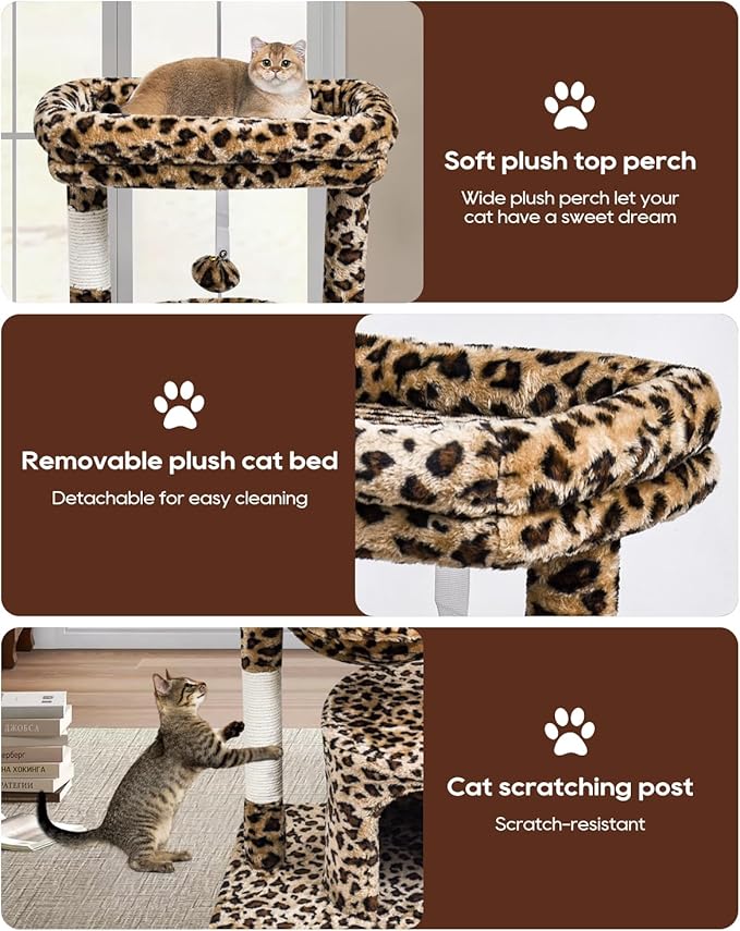 SYANDLVY Small Leopard Print Cat Tree for Indoor Cats, Cat Tower with Scratching Post, Modern Cat House with Padded Perch, Kittens Condo with Cradle, Cat Cave