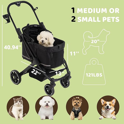 All-Terrain Dog Stroller for Small to Medium Dogs, Pet Stroller for Dogs & Cats Outdoor Walks, One-Hand Easy Fold, Double-Layer Anti-UV & Waterproof Canopy & Breathable Mesh, Samurai Black